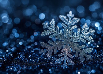 Glittering Snowflake on Blue Bokeh Background