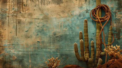 A turquoise vintage background or wallpaper with cactus and rope on aged grunge stucco wall, western style - a textural antique background with an old Wild West theme or desert southwest motif