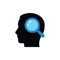 magnifying glass with head like insight icon. flat cartoon simple neuroscience logotype graphic art pictogram design web element isolated on white.