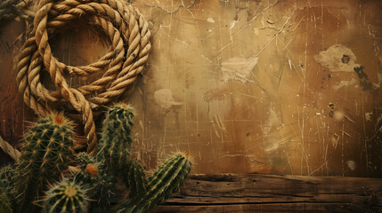 A textural antique background with an old Wild West theme or desert southwest motifAn off white vintage background or wallpaper with cactus, rope on aged grunge stucco wall, western style, realistic