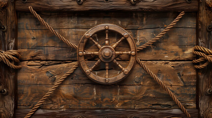 A textural antique background title slide with an old Wild West theme or Nautical Theme - rustic wood planks, a wooden wheel and rope create a western or pirate theme concept - wallpaper, desktop