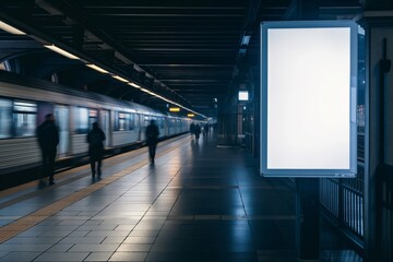 Blank Billboard in Subway Station with Moving Train
