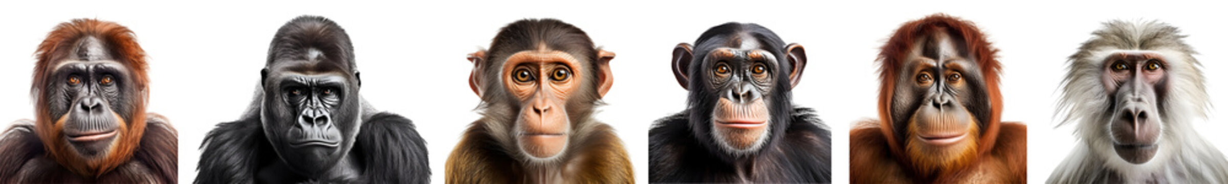 Set of 6 ape monkey family, Gorilla, apes, Chimpanzee, Baboon, Orangutang, portrait head shot isolated on transparent background cutout, PNG file