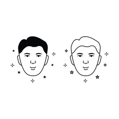 Healthy, Fresh Male Face with Clean Skin Pictogram. Man with Beauty Face Skin Line and Silhouette Black Icon Set. Facial Skincare, Hygiene Symbol Collection.