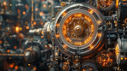 A detailed view of intricate steampunk machinery featuring glowing gears and complex mechanical components in a vintage industrial setting.