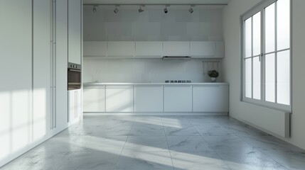 Fototapeta premium large minimal empty greyish white kitchen.