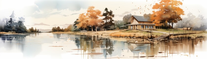 Obraz premium Serene autumn lake scene with a cozy cabin surrounded by colorful trees, reflecting in the calm water. Peaceful nature landscape.