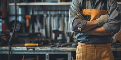 A mechanic stands with arms crossed in a workshop, showcasing work readiness, skill, and a professional setting