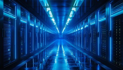 Data Center Server Room, Futuristic, Blue Light Photography, Hightech, Network Operations Center