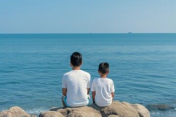 Fototapeta premium asian father and son sitting on the rocks at the sea
