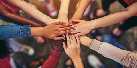 Overhead view of a diverse group of people stacking hands, symbolizing unity, teamwork, and cooperation