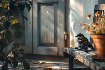 a bird sleeps on the terrace of the house - Powered by Adobe
