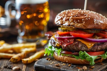 Hamburger and beer on table classic staple food pairing