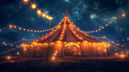 Circus tent glowing with warm lights against the backdrop of a starry night