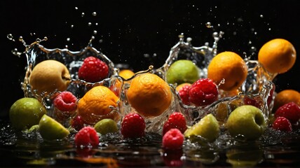 Fototapeta premium Different falling fruits and splashing water on black background Ai generated.