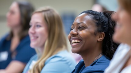 Fototapeta premium Nurse smiling while participating in a lively discussion at a seminar in a hospital classroom