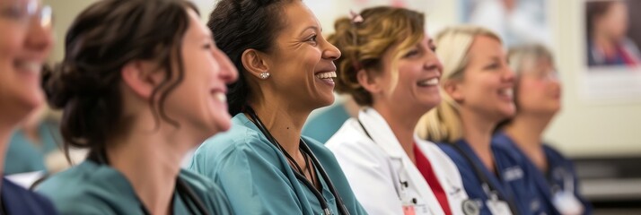 Nurse smiling while participating in a lively discussion at a seminar in a hospital classroom