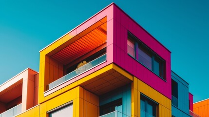 Modern building with sleek lines and bright, bold colors on its facade