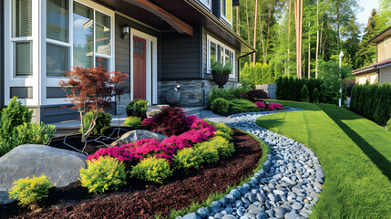 Photo realistic showcase of beautiful front yard landscaping highlighting the curb appeal and outdoor beauty of a home for sale in Adobe Stock