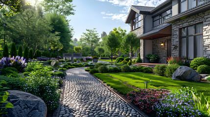 Photo realistic concept of beautiful front yard landscaping showcasing the curb appeal and outdoor beauty of a home for sale in a Photo Stock.