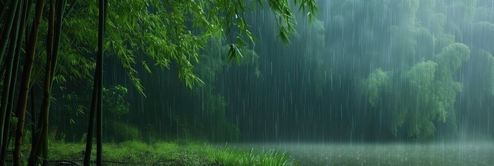 Serene Rainfall in Lush Green Forest Scene