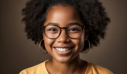 Obraz premium Headshot portrait of happy mixed race african girl wearing glasses