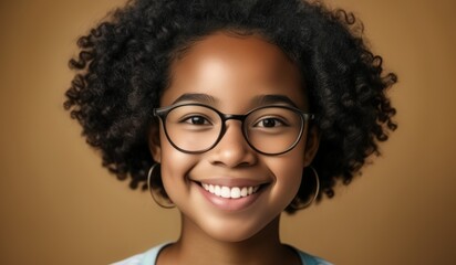 Obraz premium Headshot portrait of happy mixed race african girl wearing glasses