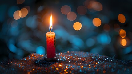 A Birthday Candle in the shape of number 1 glowing softly on a dark background, casting a warm light