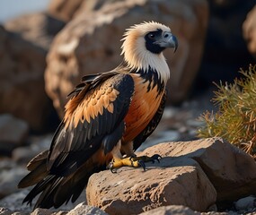 Fototapeta premium Bearded Vulture, Gypaetus barbatus, sitting on the stone and eats carrion.