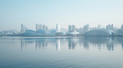 A city skyline of futuristic buildings along the river.