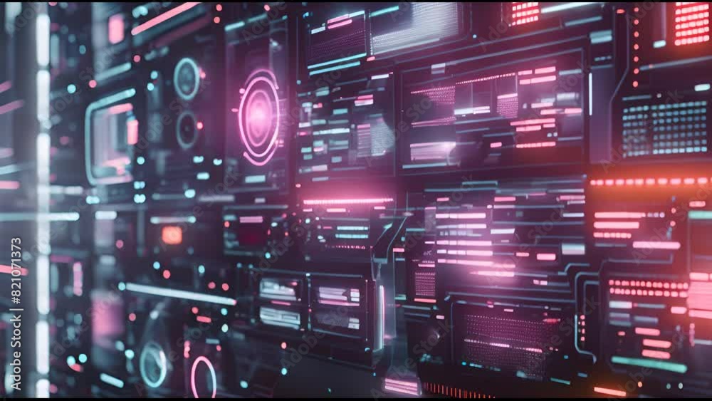 Fototapete An overlay template for a futuristic cyber frame, with equalizers, data, and cyber elements, 3D illustration of Hud Frame Digital Technology Sci-fi Frame Interface.