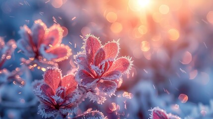 winter season outdoors landscape frozen plants in nature covered with ice and snow under the morning sun seasonal background for christmas wishes and greeting card.illustration