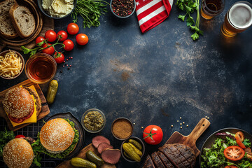 Food background with burgers, vegetables ans spices, space for copy