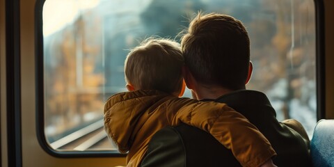 A heartwarming scene capturing a father and son enjoying a journey by train, looking out the window...