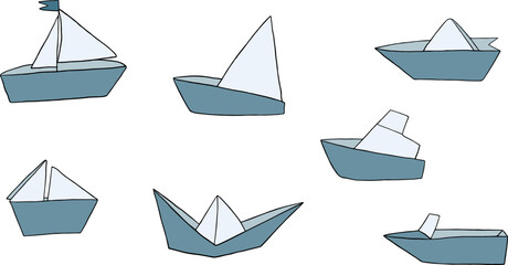 Various boats hand drawn vector illustration set. Paper ships and yachts doodle collection. Sea vessel for fishing and journey kids design for print, card, patterns.