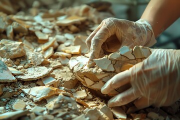 Ancient pottery shards being pieced together by conservators