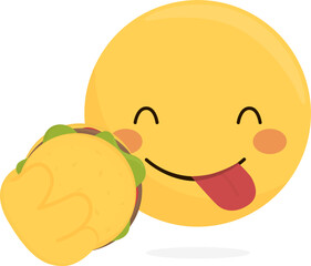 Burger emoticon. Yummy smile emoji with tongue out licking mouth and smiling eyes.Cartoon vector with a hamburger in his hand. Delicious tasty fast food symbol for social media template
