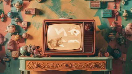 Retro old television in vintage wall pastel color background