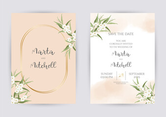 Herbal selection vector frames. Hand painted branches, leaves on white background. Greenery wedding simple minimalist invitations. Watercolor style cards.