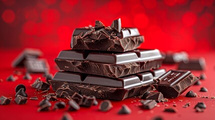 Close-up of dark chocolate bars and chunks on a red background, showcasing rich textures and indulgent cocoa goodness.