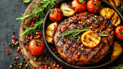 Delicious grilled meat steak with tomatoes, potatoes, and herbs on wooden board, perfect for culinary and food photography. - Powered by Adobe