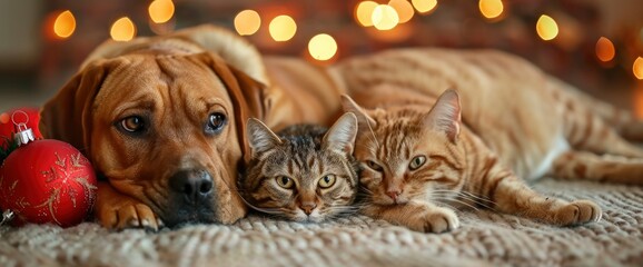 A Festive Scene Features A Dog And Cat Surrounded By Christmas Decorations, Embodying The Holiday Spirit, Standard Picture Mode