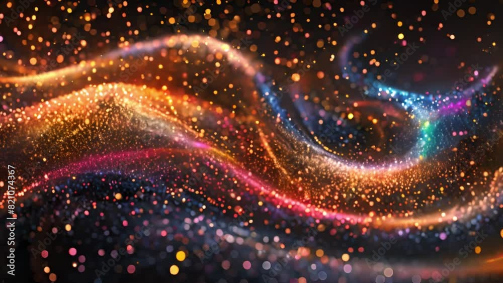 Poster vibrant, colorful particles form swirling wave patterns against a dark backdrop. the glowing, dynami