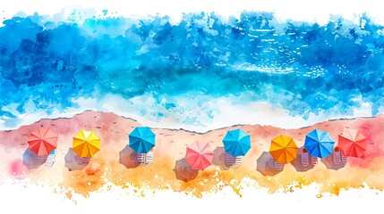 Fototapeta premium A colorful watercolor painting of a beach scene featuring umbrellas and the ocean. Perfect for summer-themed designs and art projects.