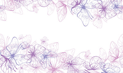 Butterflies are pink, blue, lilac, flying, delicate line art, clip art. Graphic illustration hand drawn in pink, lilac ink. Seamless board pattern EPS vector