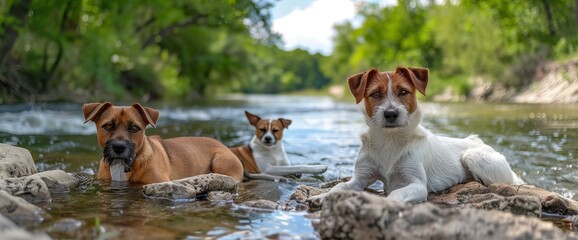 A German Spitz And A Jack Russell Terrier Relax By A Creek, Enjoying A Summer Day, Standard Picture Mode
