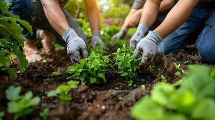 Photo realistic concept: Friends gardening together in a community garden, symbolizing the joy of teamwork, bonding, and nurturing plants in outdoor settings.   Photo Stock Concept