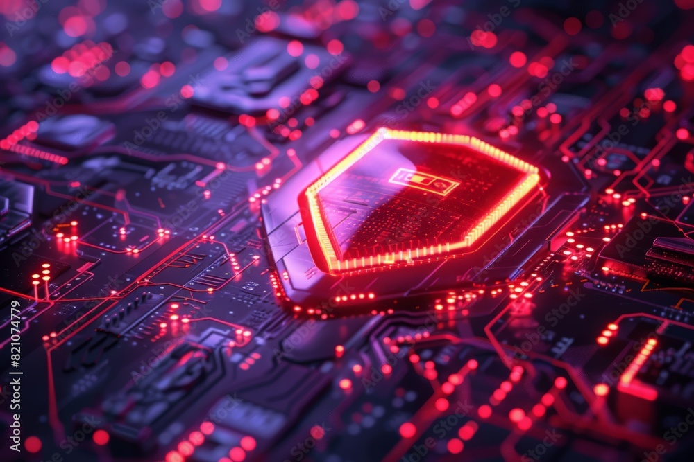 Poster red and purple electronic circuit board with a red shield on it. the shield is labeled with the lett