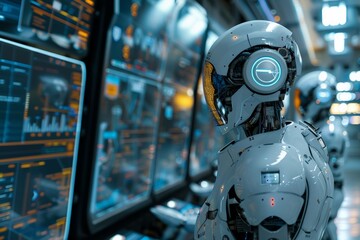 Fototapeta premium A robot is standing in front of a computer monitor with a blue circle on its head. The robot is wearing a white suit and he is in a futuristic setting. The computer monitor displays a variety of data