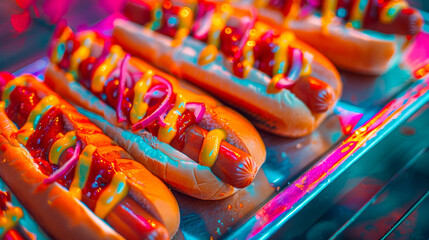 A vibrant photo of delicious hot dogs topped with colorful condiments, perfect for food blogs, menus, and culinary websites.